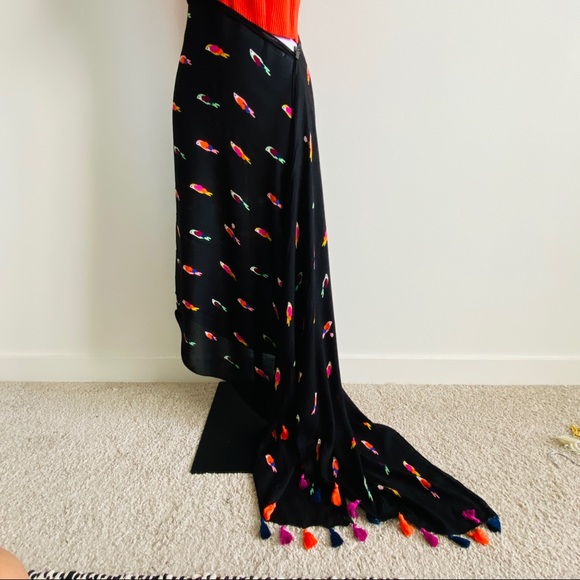 Kate Spade Black Multicolor Birds Scarf with Pompom Fringe Edge - Picture 12 of 13